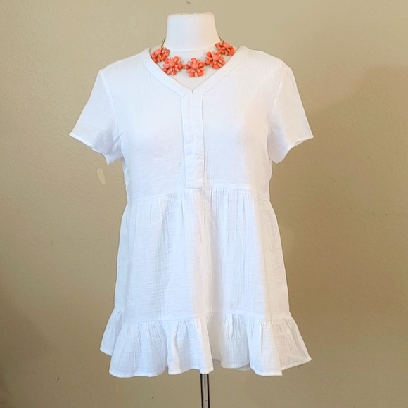 Beach Lunch Lounge - White Cotton peasant shirt with ruffle hem Size - S - Picture 1 of 6